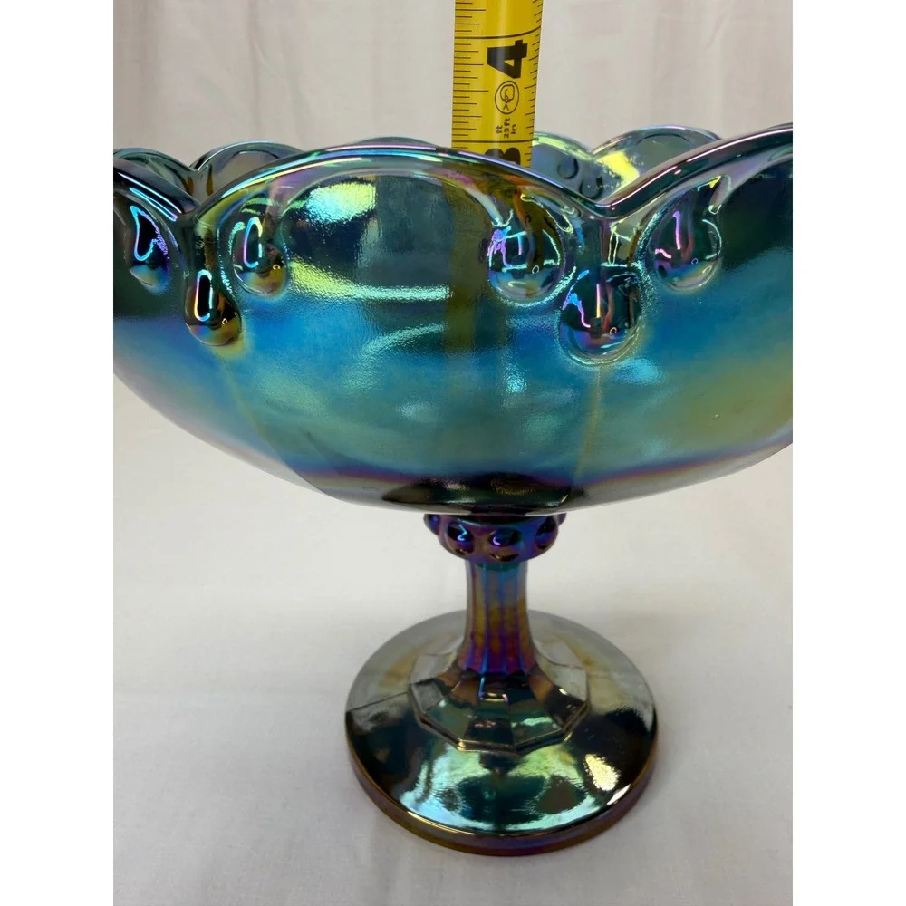 Vtg Iridescent Blue Carnival Glass Compote Scalloped Pedestal Candy Dish 7.25